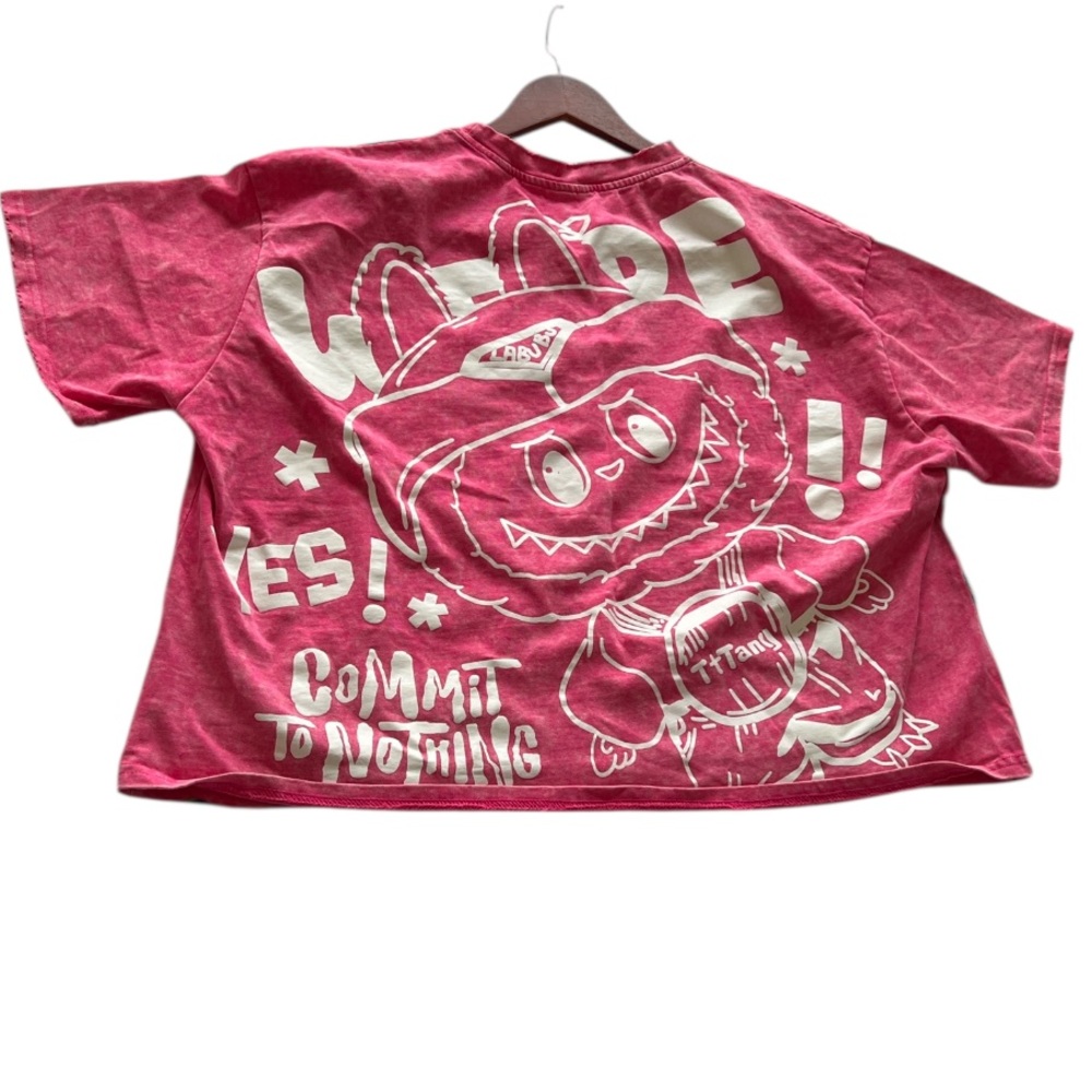 T+Tang Labubu graphic tee sequin pink distressed sh sleeve Unisex OS Plus Size - Picture 2 of 11